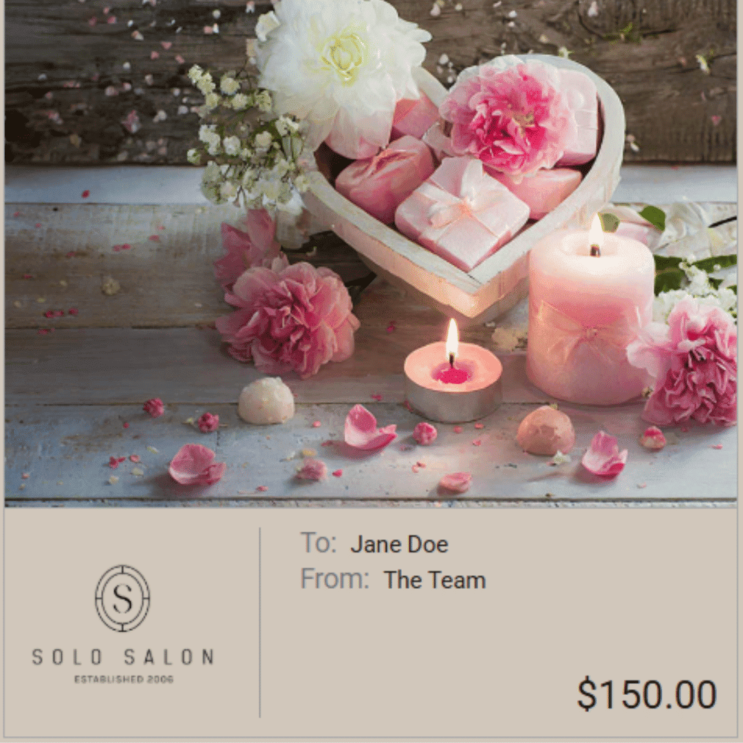Gift card with pink flowers, candle, and gifts for Jane Doe from Solo Salon, valued at $150.